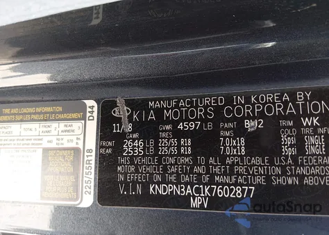 2019 Kia Sportage Ex z USA, uszkodzony, nr VIN KNDPN3AC1K7602877